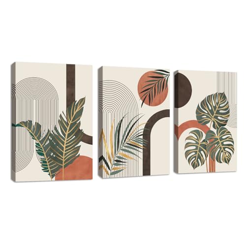3 Pcs Marco de Madera Cuadros Decorativos Boho Naranja Botánico Hojas cuadros lienzo decorativos Mediados de siglo Línea Geométrico Cuadros Decor Salón Dormitorio Comedor Oficina de Pared 30x40cmx3Pcs