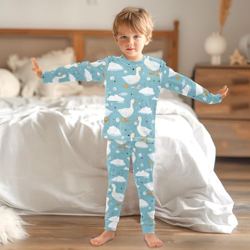 Cartoon Pajamas Set White Duck Pattern Teal Long Sleeve PJs Cotton Jammies Sleepwear Top and Pants 6