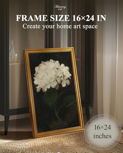 Image of HUARCEY Gold Framed Vintage Wall Art for Living Room, Flowers Painting Canvas Prints Shelf Decor for Kitchen, Aesthetic Bedroom Wall Art, Christmas Gifts for Friends Family (White Hydrangea 16 inchx24 inch)
