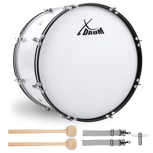 XDrum MBD-226 Tambor Bass de Marcha, Tambor de Fútbol 26" x 12" (10,5 kg, 4 ojales, tensores, incl. par de baquetas, correas de transporte, llave de afinación) blanco