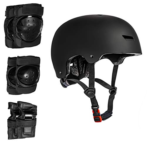 Hi-SHOCK Fietshelm + beschermende uitrusting set voor snowboard, skateboard, BMX, inliner, e-scooterhelm met draaiwielaanpassing geschikt voor kinderen, volwassenen [ABS & EPS - zwart - verstelbaar]