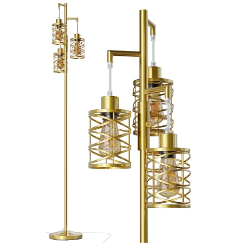 Image of Oneach 70 inch Industrial Floor Lamp, Stepless Dimmable Standing Lamp with 3 Bulbs, Farmhouse Corner Standing Tree Lamp for Living Room, Tall Lamps for Bedroom, Office, Study Room, Dining Room, Gold