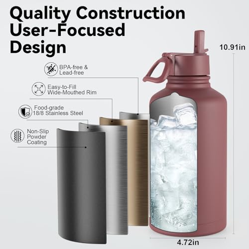 KXIAOCHEN Insulated Water Bottle, Stainless Steel Water Bottle, 2 Lids (Straw and Handle Lid),Wide Mouth Metal Water Bottles Keep Hot and Cold, Double Walled, Thermo Mug, Metal Canteen
