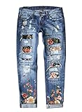 Astylish Womens Floral Distressed Boyfriend Jeans High Waist Denim Stretchy Ripped Washed Pants Blue XX-Large