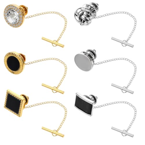6 Pcs Tie Tack for Men Copper Tack Clutch with Chain Tie Clip Suit Accessories Regular Tie Chain Necktie Lapel Pins for Business Hat Wedding Birthday