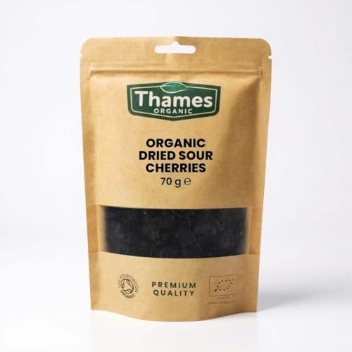 Organic Dried Sour Cherries Pitted Sun Dried Tart Cherry - No Additives No Preservatives Unsulphured Vegan GMO Free - All Natural - Thames Organic 70g