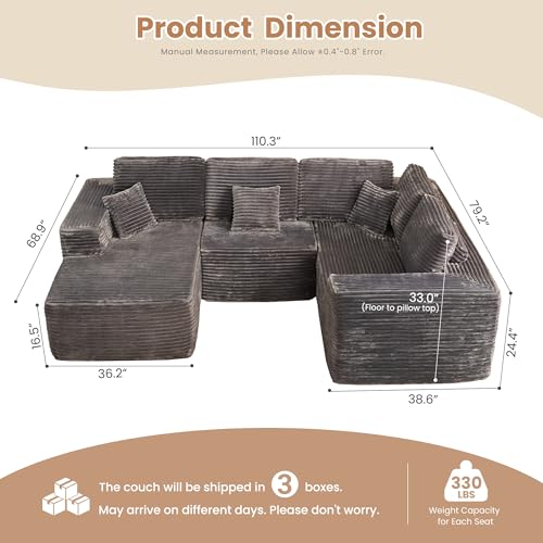 Image of HOOOWOOO Cloud Sectional Couches for Living Room,Modular Sectional Sofa No Assembly,110X79 Inch Plush Corduroy Large U Shaped Floor Couch Set with Deep Seat Chaise(Gray)