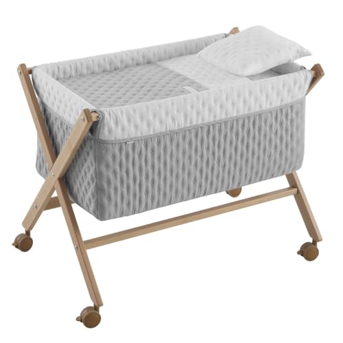 Cambrass-minicuna bebé con Patas Cruzadas y Ruedas con Frenos-Cuna moisés para los Primeros Meses del bebé-fácil de Transportar - Soft gris/natural 55x87x74 cm