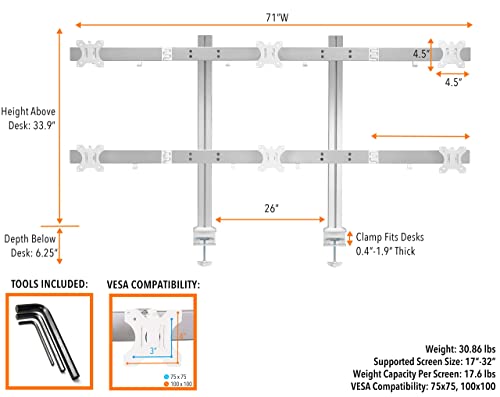 Stand Steady 6 Monitor Mount | Heavy Duty Height Adjustable Monitor Stand With Clamp On Base| Six Monitor Arm With Full Articulation Vesa Mount Fits Most Lcd/Led Monitors 17-32 In. (Silver/6 Mounts) #TOP5