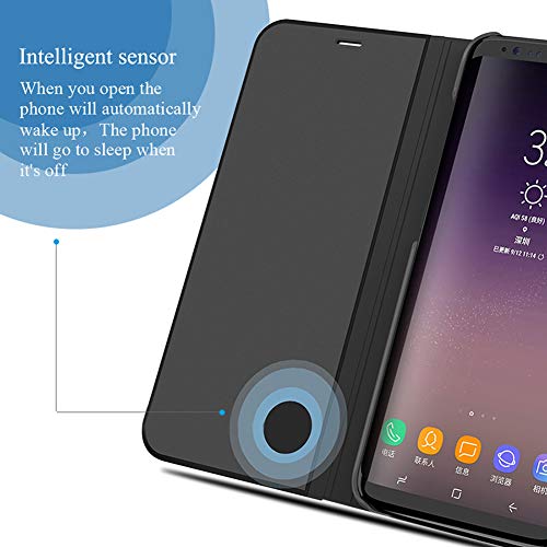 Yoedge Capa para Samsung Galaxy J8 2018, fina luxuosa espelhada S-View, capa traseira flip de couro