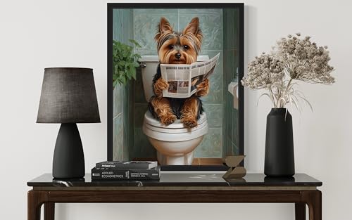 Image of Yorkshire Terrier on Toilet Black Framed Wall Art Print Poster, Dog Bathroom Humor Decor Posters Prints for Restroom Home Picture Painting Artwork Gallery 7 (Yorkshire Terrier, 14 inchL x 11 inchW, Black Frame)