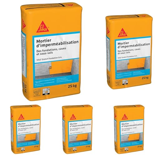 SIKA - Enduit fondation mortier d'imperméabilisation de caves/sous-sol - Sika Enduit Fondation Gris - Imperméable à l'eau - Durcissement rapide - Esthétique 25kg (Lot de 5)