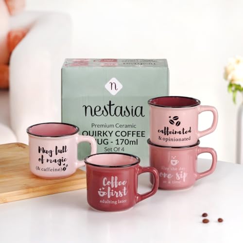 Image of Nestasia Ceramic Stackable Cups Set of 4 (170ml Each) - Quirky Quotes Tea & Coffee Cups with Glossy Finish | Microwave & Dishwasher Safe Mugs - Ideal for Gifting (Pink)