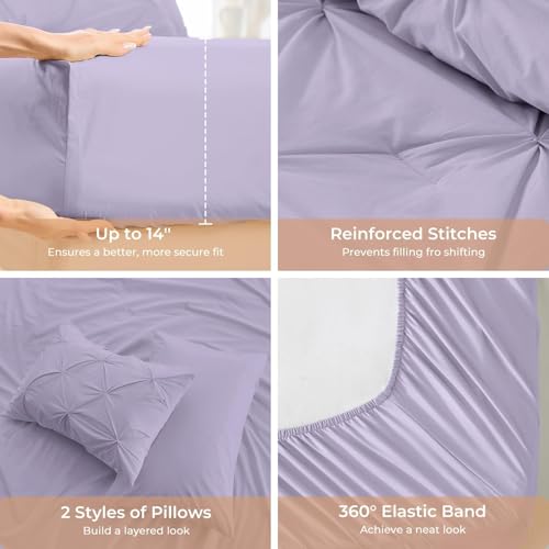 Image of Sasttie King Size Comforter Set, 7-Piece Bed in a Bag, Pintuck Bedding Sets for All Season, Includes Comforter, Flat Sheet, Fitted Sheet, Pillowcases and Pillowshams, Lavender