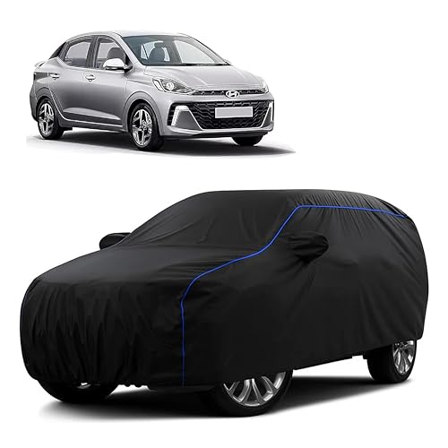 Image of Sulfar 100% Water Resistant Car Body Cover Compatible with Mirror for Hyundai Aura (Triple Stitched, Full Bottom Elastic, Black Tafetta with Blue Piping)