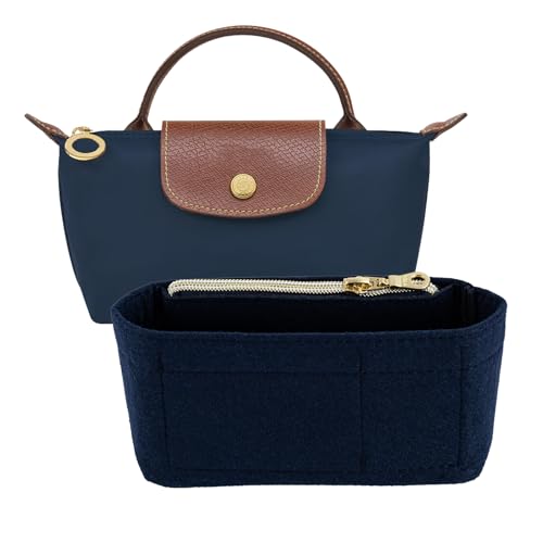 Image of Mini Purse Organizer Insert for Longchamp Le Pliage Mini Bags Felt Inner Bag Liner with Zipper Pocket, Lightweight Storage for Handbags, Blue