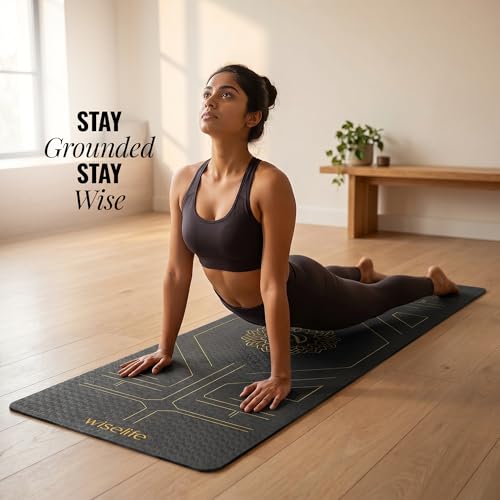 Image of Wiselife True Alignment Yoga Mat + Sleek Yoga Strap For Men And Women | Probalance Eco-TPE Material 6MM | Extra Thick Extra Long Extra Wide | Charcoal Black
