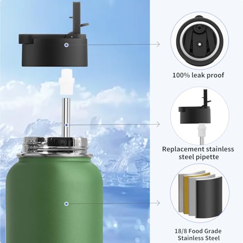 Image of koodee 32 oz Stainless Steel Water Bottle-Double Wall Vacuum Insulated Sports Water Bottle for Men-Reusable Travel Leakproof Water Flask with 3 Lids and Silicone Boot, BPA Free(Grass Green)