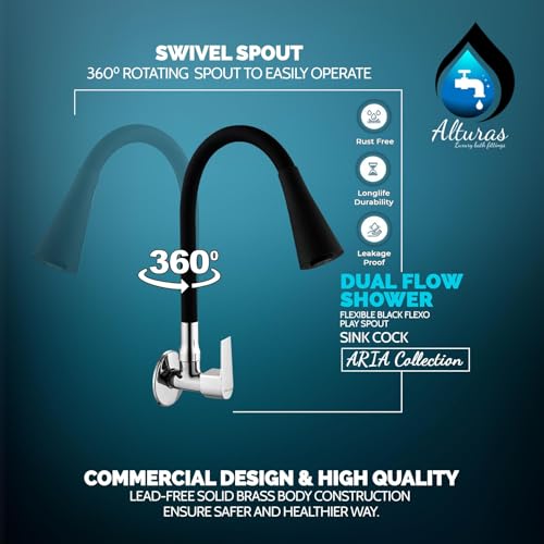 Image of ALTURAS Dual Flow Black Kitchen Sink Cock with 360 Degree Swivel Spout | Kitchen Sink Tap | Kitchen Faucet | Tap for Kitchen (Aria)