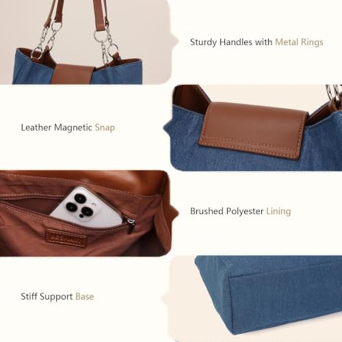 Image of BESMART Denim Tote Bag for Women, Large PU Leather Canvas Shoulder Bags with Circle Chain