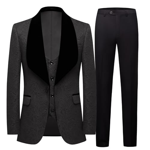 GHNXCY Men’s Suits Slim Fit 3 Piece One Button Tuxedo Suit Set Wedding Prom Dinner Party（Blazer+Vest+Pants） (US, Alpha, Large, Regular, Regular, Black)