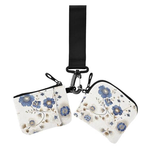 Elegant Flower Soft Blue and Gold Dual Coin Purse Credit Card Holder Wallet Minimalist Business Card Case Money Organizer with Zipper Coin Pocket for Women 2 Packs