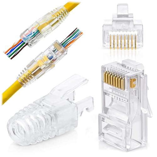Image of RJ45 Cat6 Pass Through Connectors with Strain Relief Boots | Gold Plated Ethernet Crimp Plug for LAN Cable | Easy Termination UTP Network Connector for Router & Patch Cable (25 Pack)