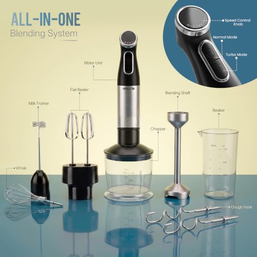 Image of iBELL AEROMIX500PRO 6-in-1 Hand Blender, 1200W, Adjustable Speed Control, Turbo Function, Stainless Steel Immersion Blender with Chopper, Whisk, Dough Hooks, Milk Frother & 700ml Beaker (Black)