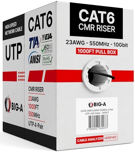 Big-A Cat 6 Ethernet Cable 1000ft Black, Cat6 Bulk Cable, 23AWG Solid UTP CMR Riser, 550MHz Network Internet LAN Cable, Pull Box