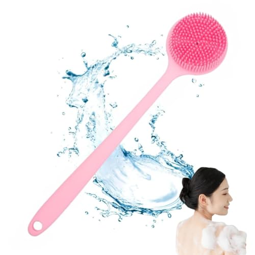 Image of Silicone Bath Brush with Long Handle - Soft Bristles Back Scrubber for Shower | Body Massage - Exfoliating Dirt Removal Brush for Men | Women (Pink)