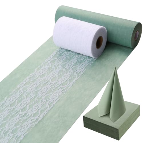ddckj Vlies Tischläufer Eukalyptus Grün 30 cm x 35 m Tischläufer Grün Salbei Weiße Dekorative Spitzenbänder und Servietten Tischdeko Set für Taufe Kommunion Konfirmation Hochzeit und Geburtstag