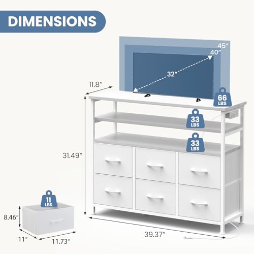 Image of DUMOS TV Stand for Up to 45 inch TV, Entertainment Center with Remote or App-Controlled LED Lights & Charging Station, Media Console Table with 6 Fabric Drawers, 2 Shelves for Living Room, White