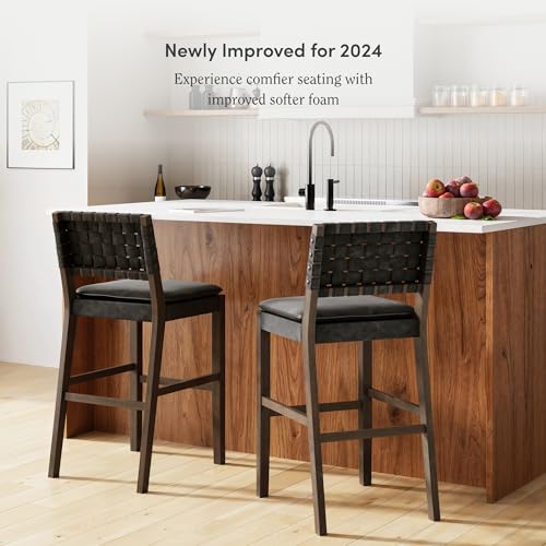 Image of Nathan James Cohen Mid-Century Modern 29 in. Wood Bar Stool, Upholstered Faux Suede Bar Height Stool with Solid Wood Frame, Black