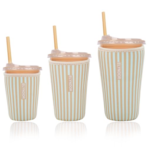 Image of Reusable Insulated Sleeve for Iced Coffee Cup, 3-Pack Coffee Neoprene Drink Sleeve for Cold & Hot Drinks, Beverage Holder for Iced Coffee (Yellow Stripes)