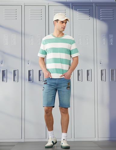 Image of The Indian Garage Co Men Slim Fit Solid Mid-Rise Denim Shorts