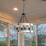 WJShome Rustic Drum Chandelier, White Oak Finish, 4-Lights Round Metal Farmhouse Vintage Chandelier
