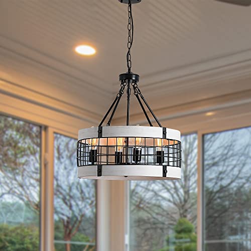 Wjshome Rustic Drum Chandelier, White Oak Finish, 4-Lights Round Metal Farmhouse Vintage Chandelier Light Fixtures For Kitchen Island, Dining Room, Living Room, Foyer, Entrance #TOP5