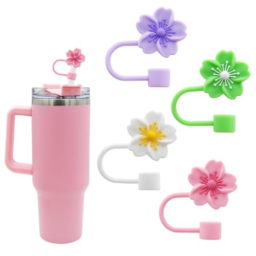 Image of Flower Silicone Straw Cover Cap for Stanley Cup, 10 mm 0.4 in Reusable Topper Tips Lids, Gift for Party Decor