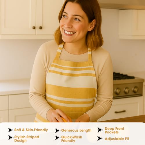 Image of Unisex Cooking Aprons | Waterproof Apron | Striped Design with 2 Front Pockets & Adjustable Neck Strap | Durable, Oil & Stain Resistant | Chef Apron for Cooking