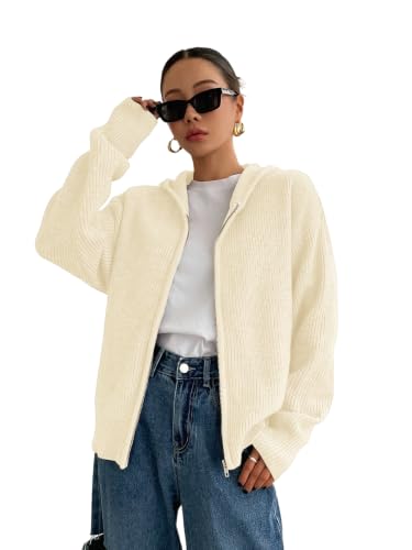 Image of SOLY HUX Zip Up Cardigan for Women Hooded Cardigan Sweater Knitted Drop Shoulder Fall Clothes Winter Hoodies Outerwear