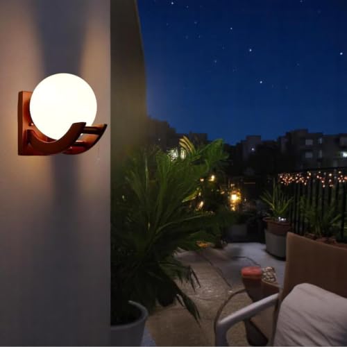 Image of GreyWings Wooden & Glass Wall Light for Home, Cherry & White Decorative Wall Lamp with E27 Holder, Antique Wall Light Bulb Not Included, Pack of 4