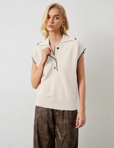 Image of MISSACTIVER Women Casual Button Down Lapel Collar Sweater Vest Sleeveless Knit Loose Fit Stripe Trim Pullover Tank Tops(Small,Apricot)