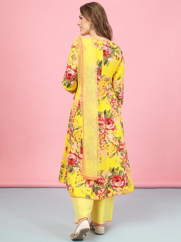 Image of A.T.U.N. (ALL THINGS UBER NICE) Womens Floral Printed Angrakha Pure Cotton Kurta with Palazzos & Dupatta Set | Traditional Ethnic Wear Clothing Set