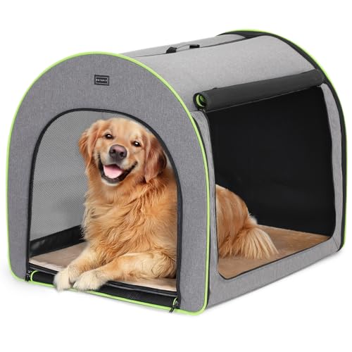 Petsfit Hundebox faltbar für große Hunde, Hundebox für Zuhause Hundeschlafbox Transportbox Hund haltbar gemütlich Zimmerkennel Hund mit Anti-offener Reißverschluss und Plüschkissen, L, Hellgrau