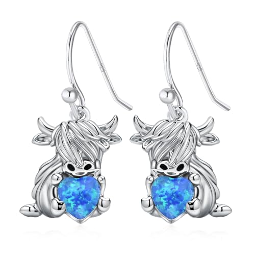 Highland Cow Earrings 925 Sterling Silver Scottish Hyland Cow Dangle Earrings Highland Cow Created Blue Opal Jewelry Gifts for Women Mother Wife Girlfriend