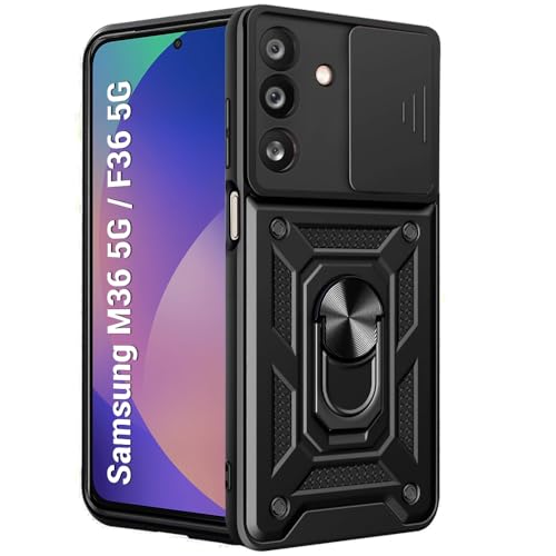 Image of TheGiftKart Tough Armor Bumper Back Cover Case for Samsung Galaxy M36 5G / F36 5G | Sliding Camera Cover, Kickstand & Ring Holder | 360 Degree Protection Back Case Cover (PC & TPU, Black)
