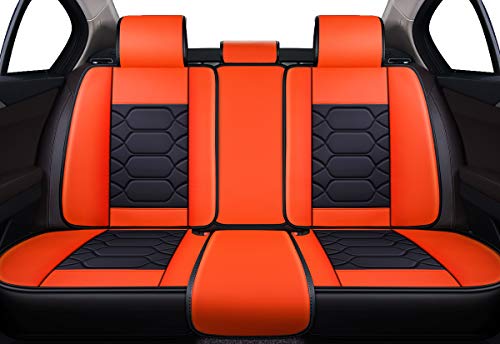 OASIS AUTO OS-004 Leather Car Seat Covers, Faux Leatherette Automotive Vehicle Cushion Cover for 5 Passenger Cars & SUV Universal Fit Set for Auto Interior Accessories (Rear ONLY, Black&Orange)