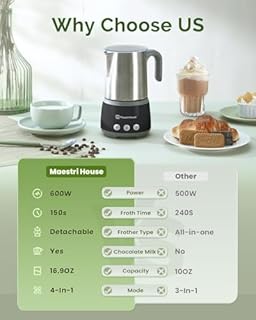 Maestri House Montalatte elettrico 4 in 1, 600 W, controllo Smart Touch per caldo e freddo, funzione di memoria per latte, cappuccino, latte caldo, cioccolata calda