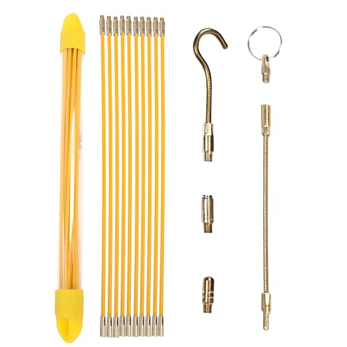 Tire fil Electriques 33cm x 10 Pièces: Jeu de Baguettes Fibre de Verre, Kit Rétractable D’installation pour Cable en Boîtier Plastique (Jaune)