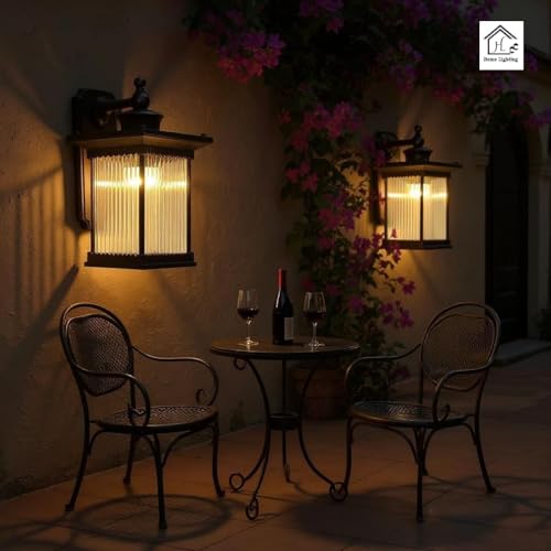 Image of Outdoor Wall Lantern Light, Black Finish, Ribbed Glass Shade and Black Hanging & Gate Light (Half Wall, 1) (Half LAMP, 3)